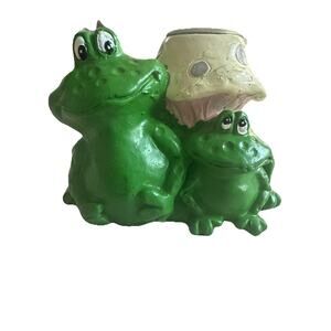 Hermitage Pottery Frog Pair w/ Mushroom Taper Candle Holder Hand Painted Vintage